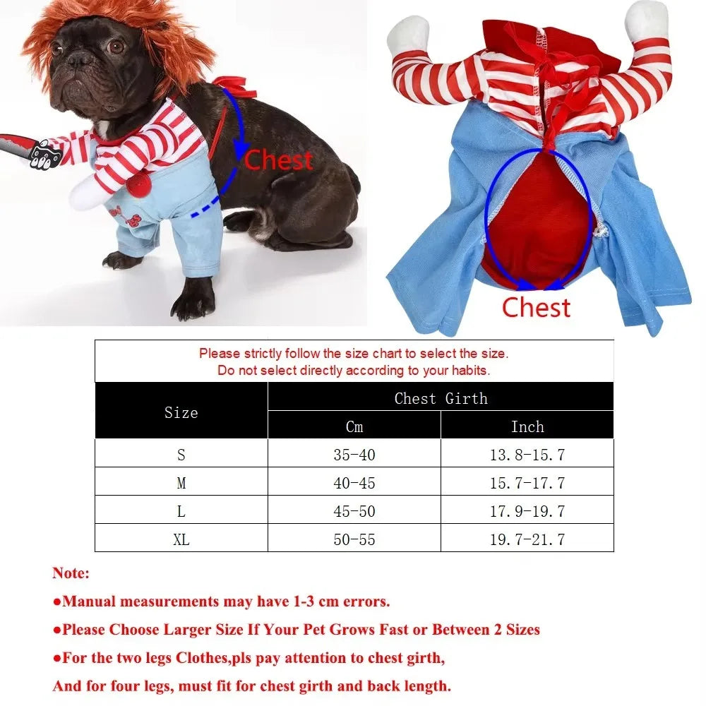 Moda novidade chucky mortal cão de estimação traje assustador adereços engraçado animal de estimação halloween cosplay acessórios de vestuário vestido com capuz