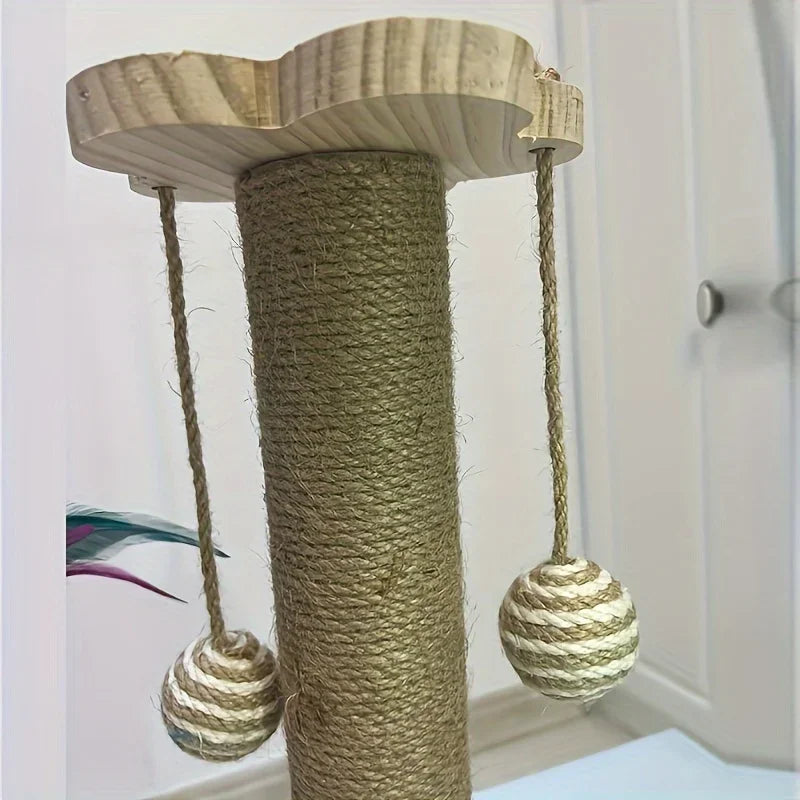 Arranhador para Gatos em Madeira Maciça com Plataforma Giratória, Varinha de Brinquedo, Tábua de Arranhar e Brinquedos Duráveis para Gatos