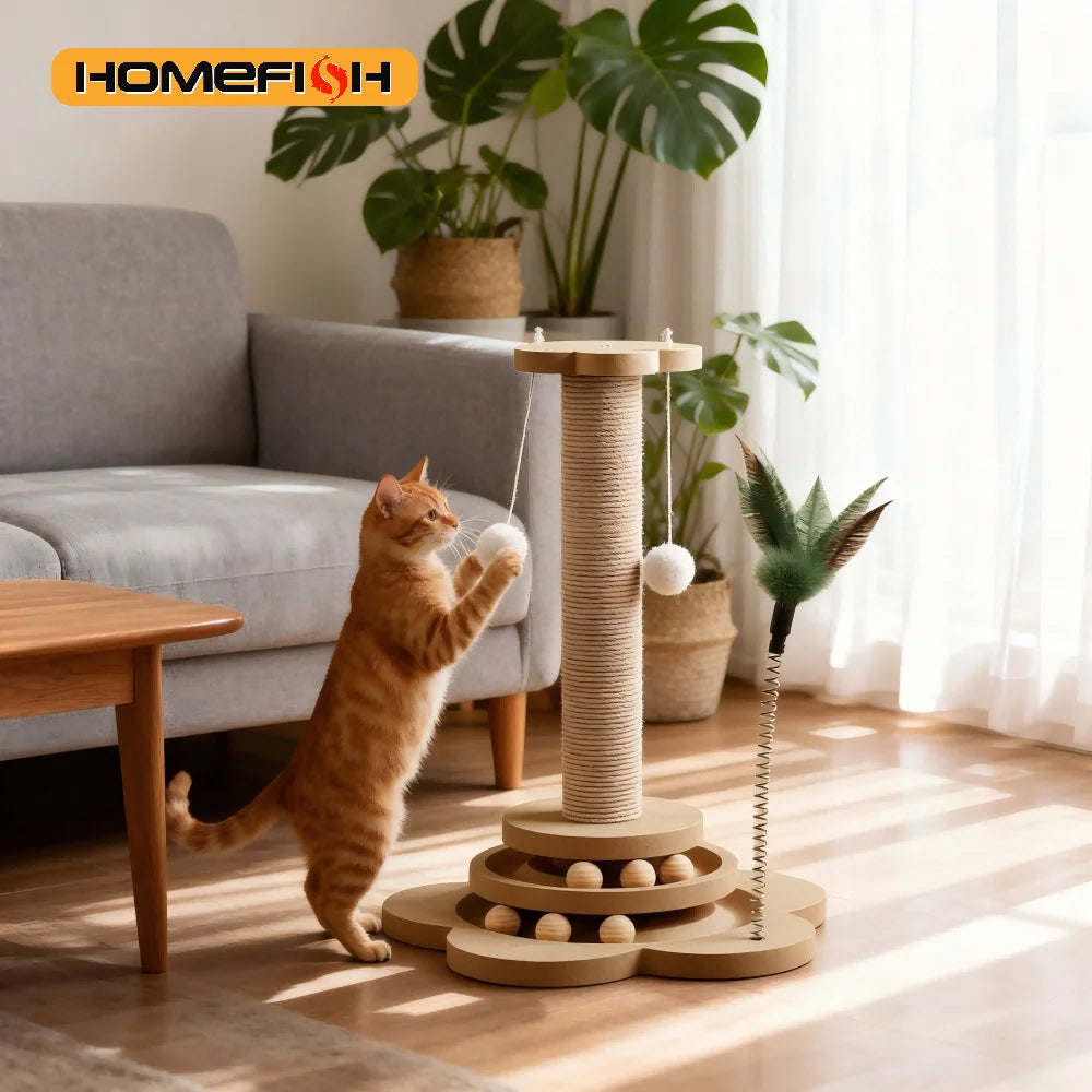 Brinquedo para Gatos em Madeira Maciça com Plataforma Giratória, Varinha Divertida, Bolas, Arranhador de Sisal Durável, Suprimentos para Gatos e Coluna de Arranhar
