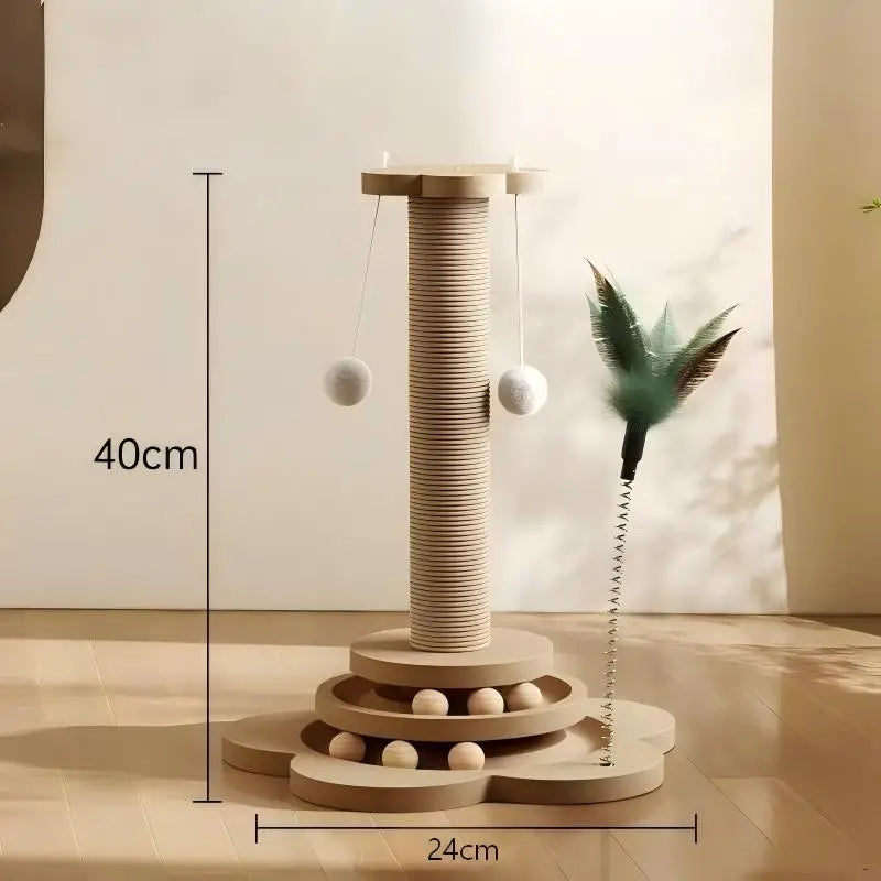 Brinquedo para Gatos em Madeira Maciça com Plataforma Giratória, Varinha Divertida, Bolas, Arranhador de Sisal Durável, Suprimentos para Gatos e Coluna de Arranhar