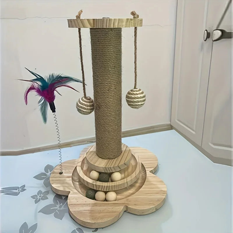 Arranhador para Gatos em Madeira Maciça com Plataforma Giratória, Varinha de Brinquedo, Tábua de Arranhar e Brinquedos Duráveis para Gatos