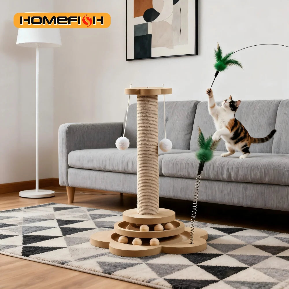Brinquedo para Gatos em Madeira Maciça com Plataforma Giratória, Varinha Divertida, Bolas, Arranhador de Sisal Durável, Suprimentos para Gatos e Coluna de Arranhar