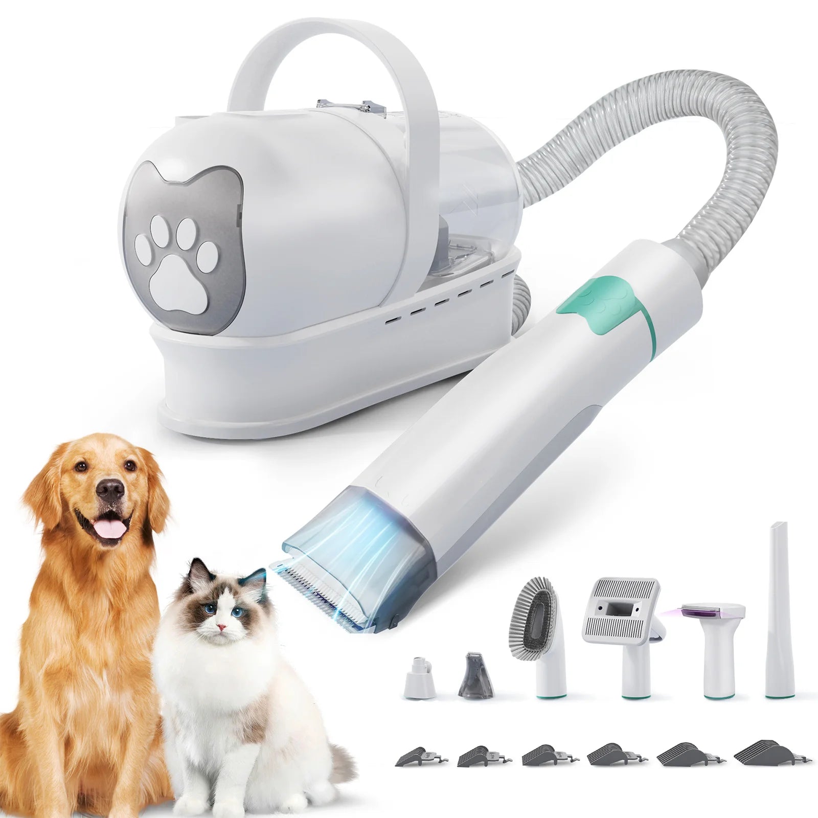 Aspirador de Pêlos para Animais 7 em 1 de 400W, Secador de Pêlos para Cães, Conjunto de Higiene com Copo Coletor de Pêlos e Ferramenta de Remoção de Pêlos