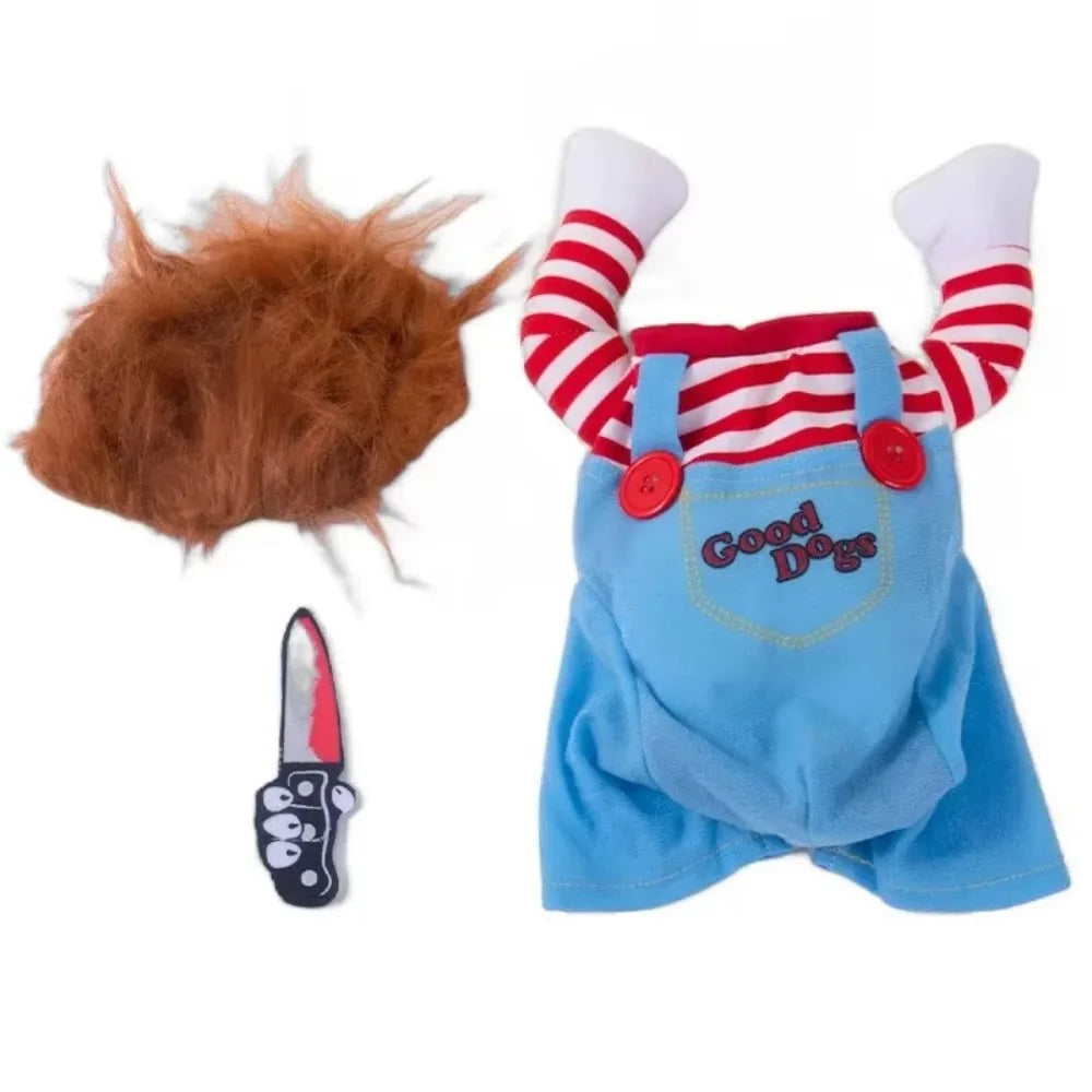 Moda novidade chucky mortal cão de estimação traje assustador adereços engraçado animal de estimação halloween cosplay acessórios de vestuário vestido com capuz