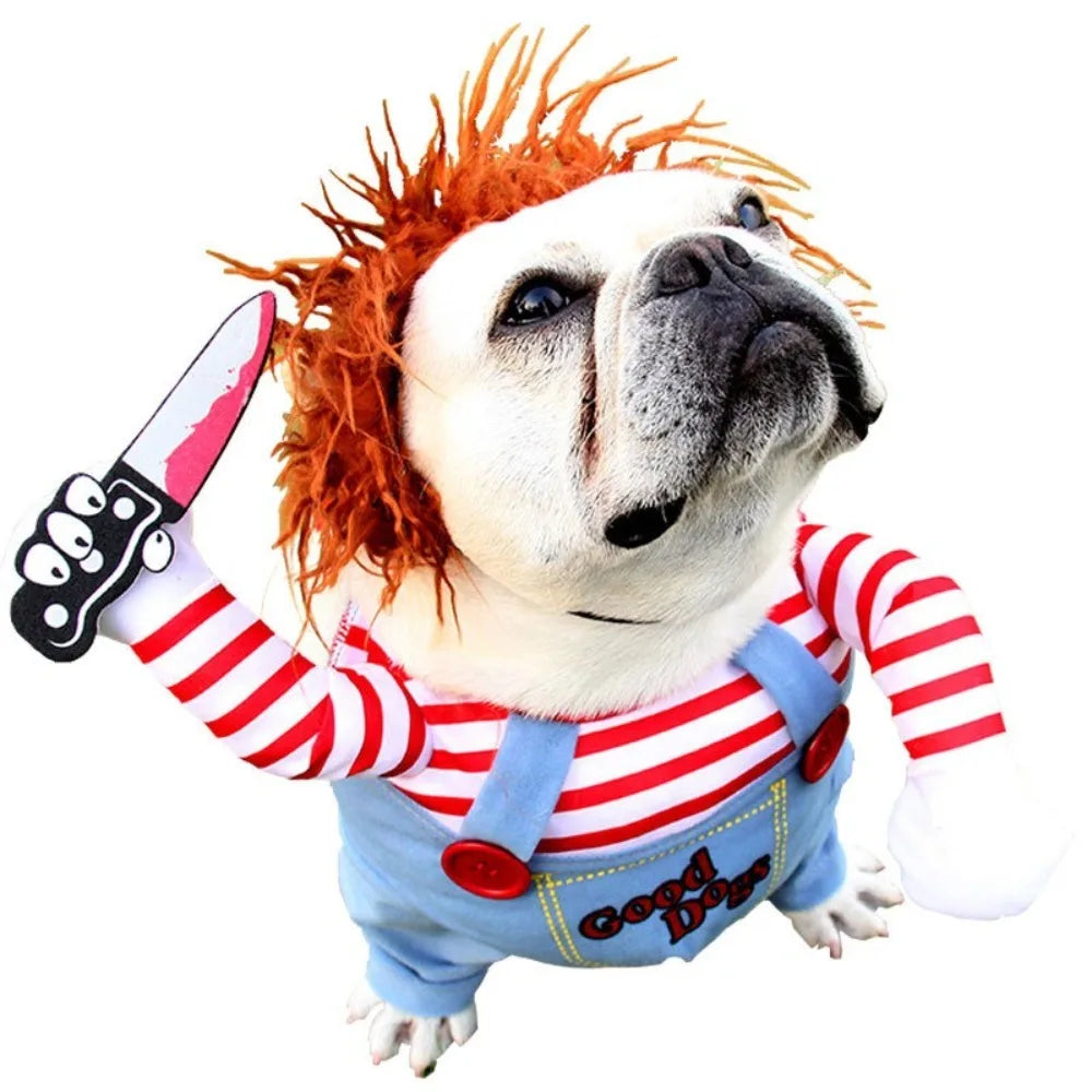 Moda novidade chucky mortal cão de estimação traje assustador adereços engraçado animal de estimação halloween cosplay acessórios de vestuário vestido com capuz