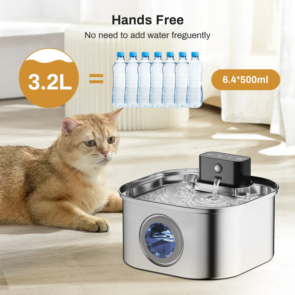 Fonte de Água Automática em Aço Inoxidável para Gatos de 3,2L, Bebedouro Sem Fio para Pets com Bateria de 4000mAh e Sensor, Dispensador 2 em 1