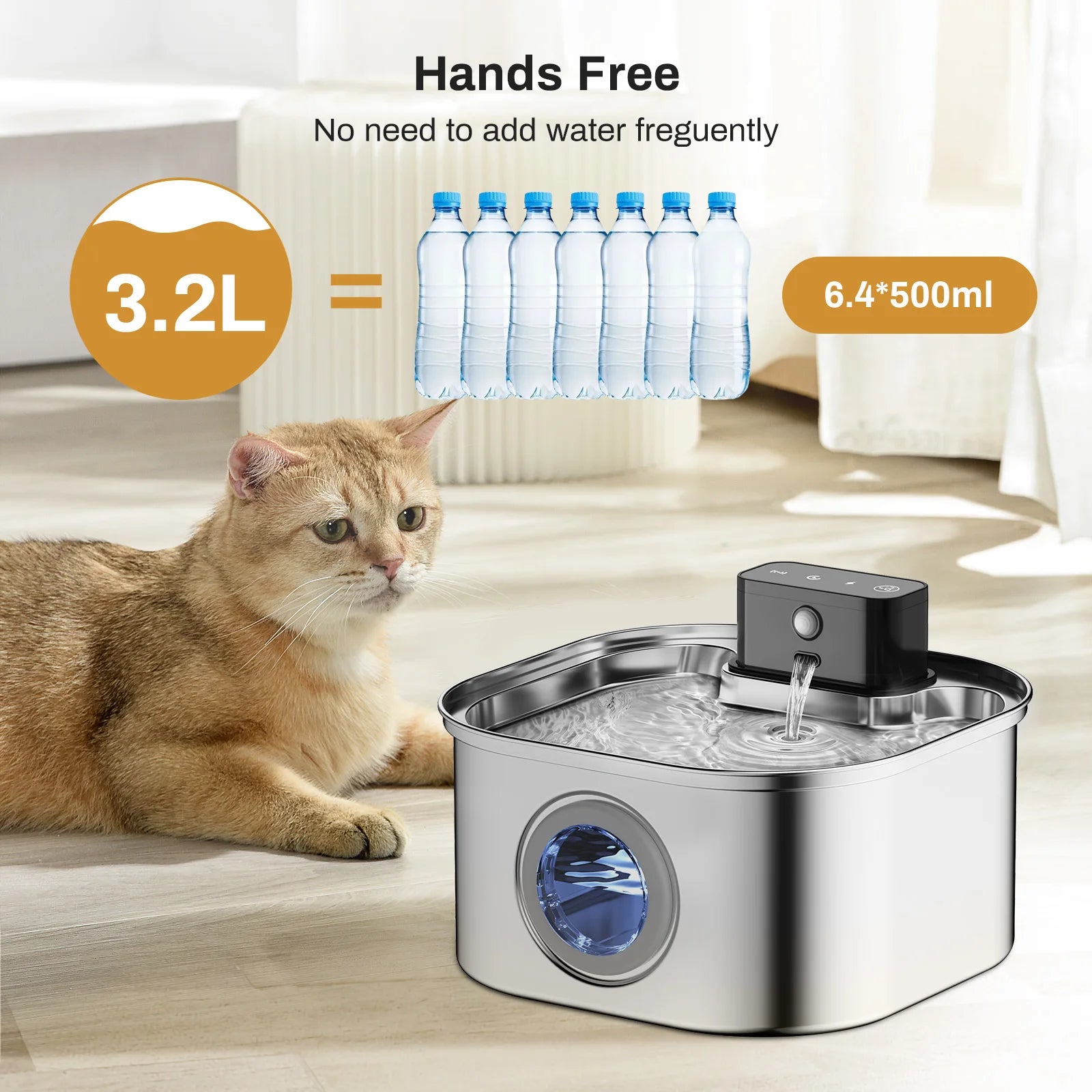 Fonte de Água Automática em Aço Inoxidável para Gatos de 3,2L, Bebedouro Sem Fio para Pets com Bateria de 4000mAh e Sensor, Dispensador 2 em 1