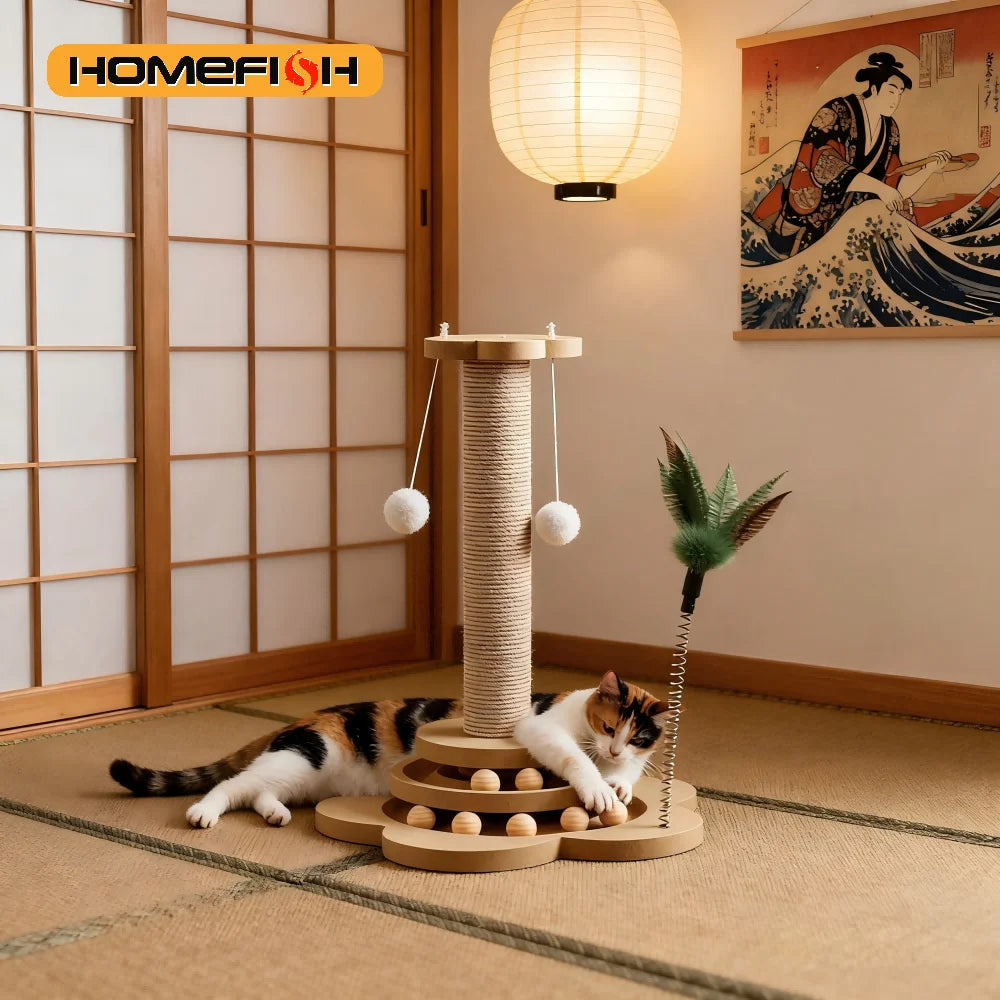 Brinquedo para Gatos em Madeira Maciça com Plataforma Giratória, Varinha Divertida, Bolas, Arranhador de Sisal Durável, Suprimentos para Gatos e Coluna de Arranhar