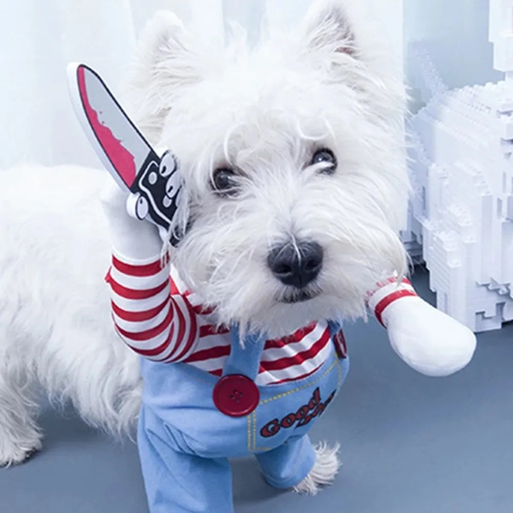 Moda novidade chucky mortal cão de estimação traje assustador adereços engraçado animal de estimação halloween cosplay acessórios de vestuário vestido com capuz