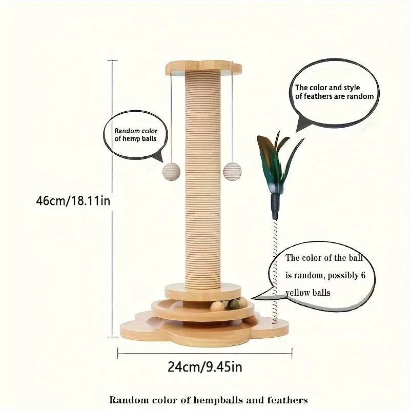 Arranhador para Gatos em Madeira Maciça com Plataforma Giratória, Varinha de Brinquedo, Tábua de Arranhar e Brinquedos Duráveis para Gatos