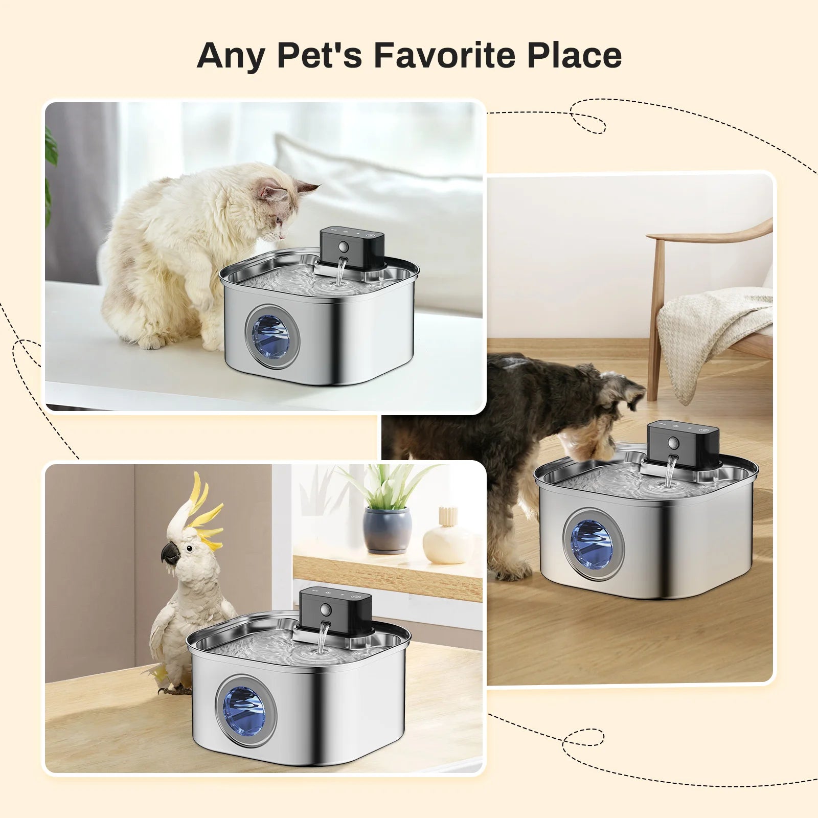 Fonte de Água Automática em Aço Inoxidável para Gatos de 3,2L, Bebedouro Sem Fio para Pets com Bateria de 4000mAh e Sensor, Dispensador 2 em 1
