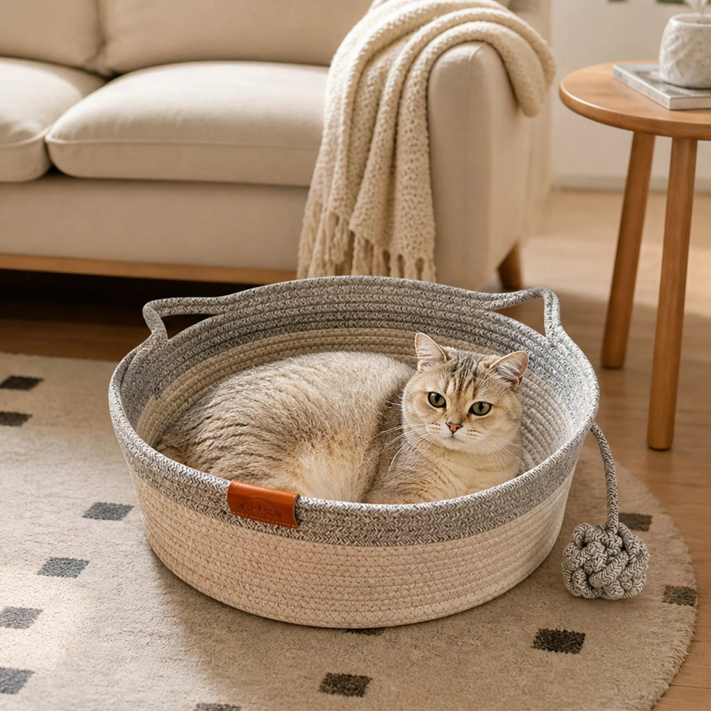 Stimulicat Cama para Gatos com Rabo de Brinquedo e Design de Orelha de Gato, Cama de Enriquecimento em Corda de Algodão Feita à Mão para Filhotes, Coelhos e Pequenos Pets