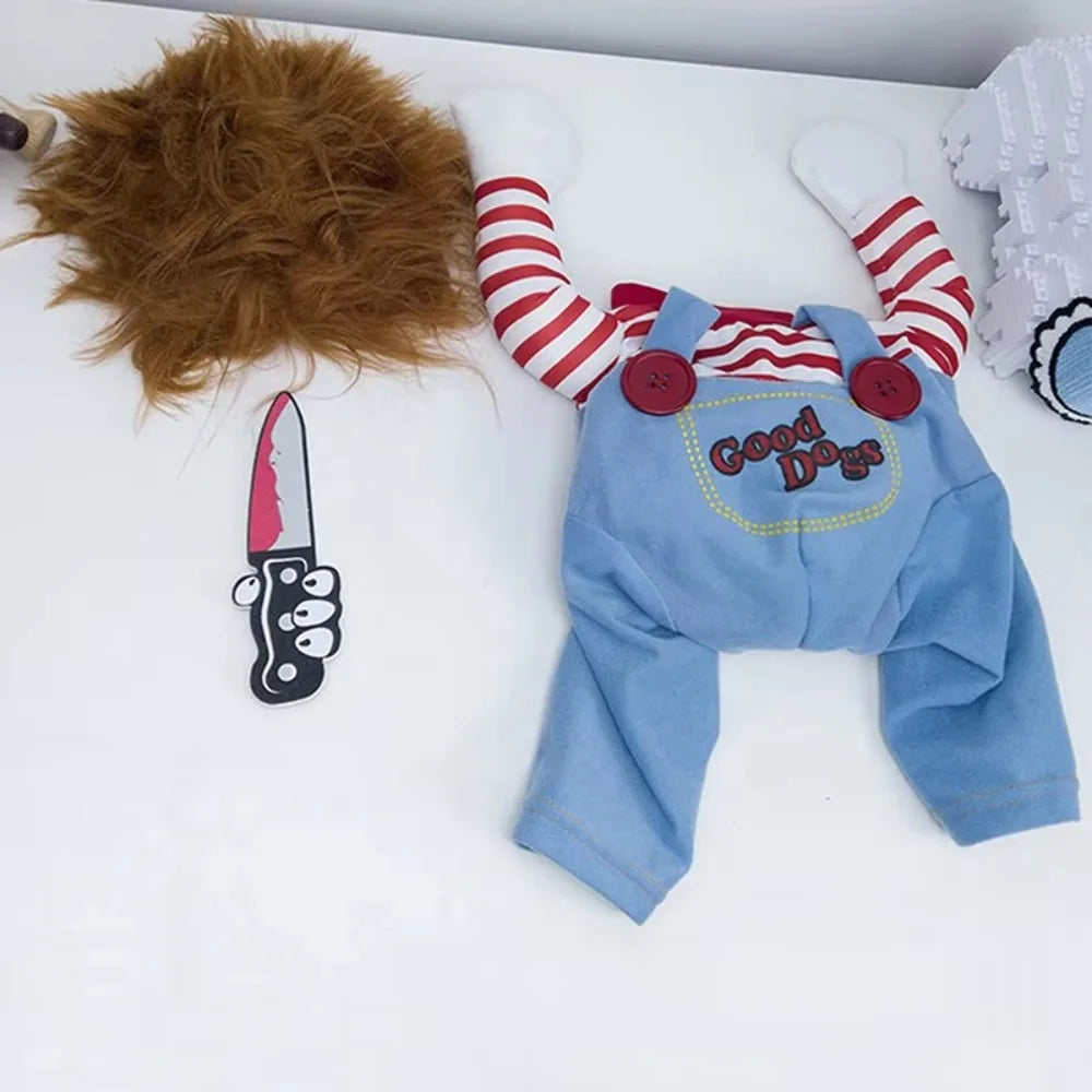 Moda novidade chucky mortal cão de estimação traje assustador adereços engraçado animal de estimação halloween cosplay acessórios de vestuário vestido com capuz