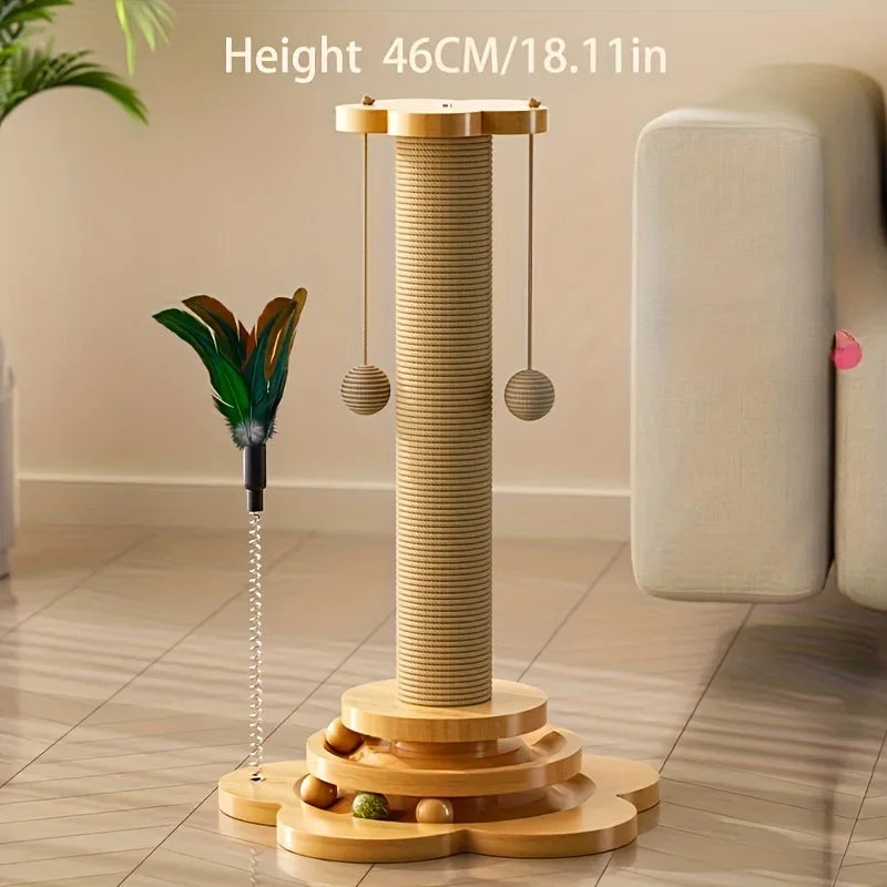 Arranhador para Gatos em Madeira Maciça com Plataforma Giratória, Varinha de Brinquedo, Tábua de Arranhar e Brinquedos Duráveis para Gatos
