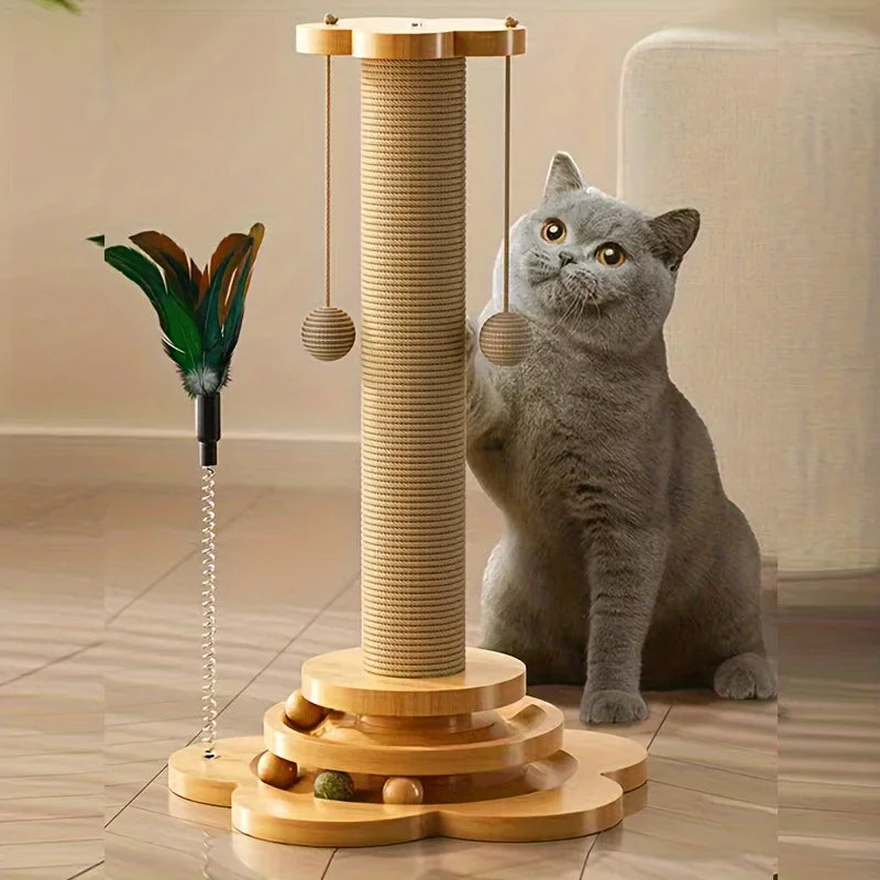 Arranhador para Gatos em Madeira Maciça com Plataforma Giratória, Varinha de Brinquedo, Tábua de Arranhar e Brinquedos Duráveis para Gatos