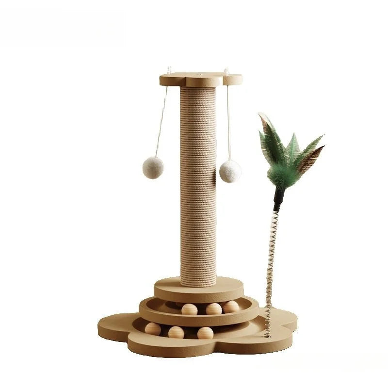 Brinquedo para Gatos em Madeira Maciça com Plataforma Giratória, Varinha Divertida, Bolas, Arranhador de Sisal Durável, Suprimentos para Gatos e Coluna de Arranhar