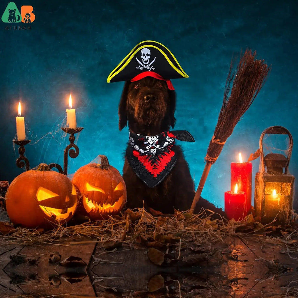 Atuban crânio impressão animal de estimação chapéu pirata com crânio pirata bandana cão gato capitão boné halloween pirata cosplay traje festa de halloween