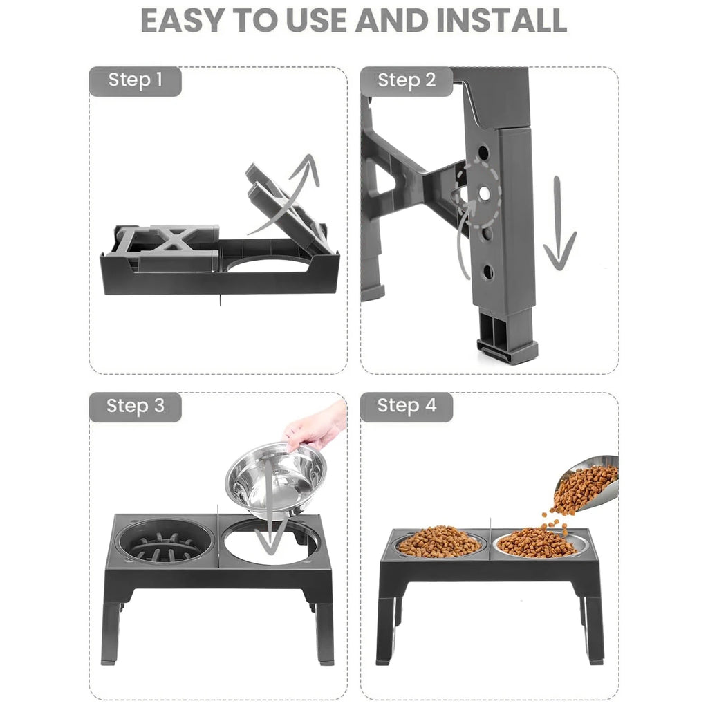 Comedouros Elevados Ajustáveis para Cães, Dobráveis, com Tigelas de Aço Inoxidável para Cães Pequenos, Médios e Grandes, Reduzindo a Pressão no Pescoço