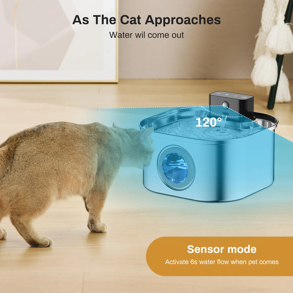 Fonte de Água Automática em Aço Inoxidável para Gatos de 3,2L, Bebedouro Sem Fio para Pets com Bateria de 4000mAh e Sensor, Dispensador 2 em 1