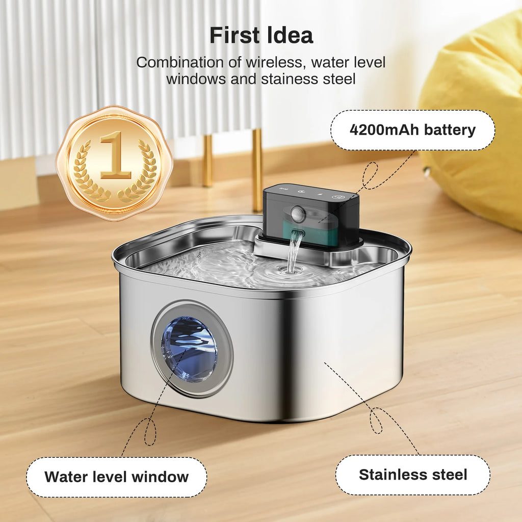 Fonte de Água Automática em Aço Inoxidável para Gatos de 3,2L, Bebedouro Sem Fio para Pets com Bateria de 4000mAh e Sensor, Dispensador 2 em 1