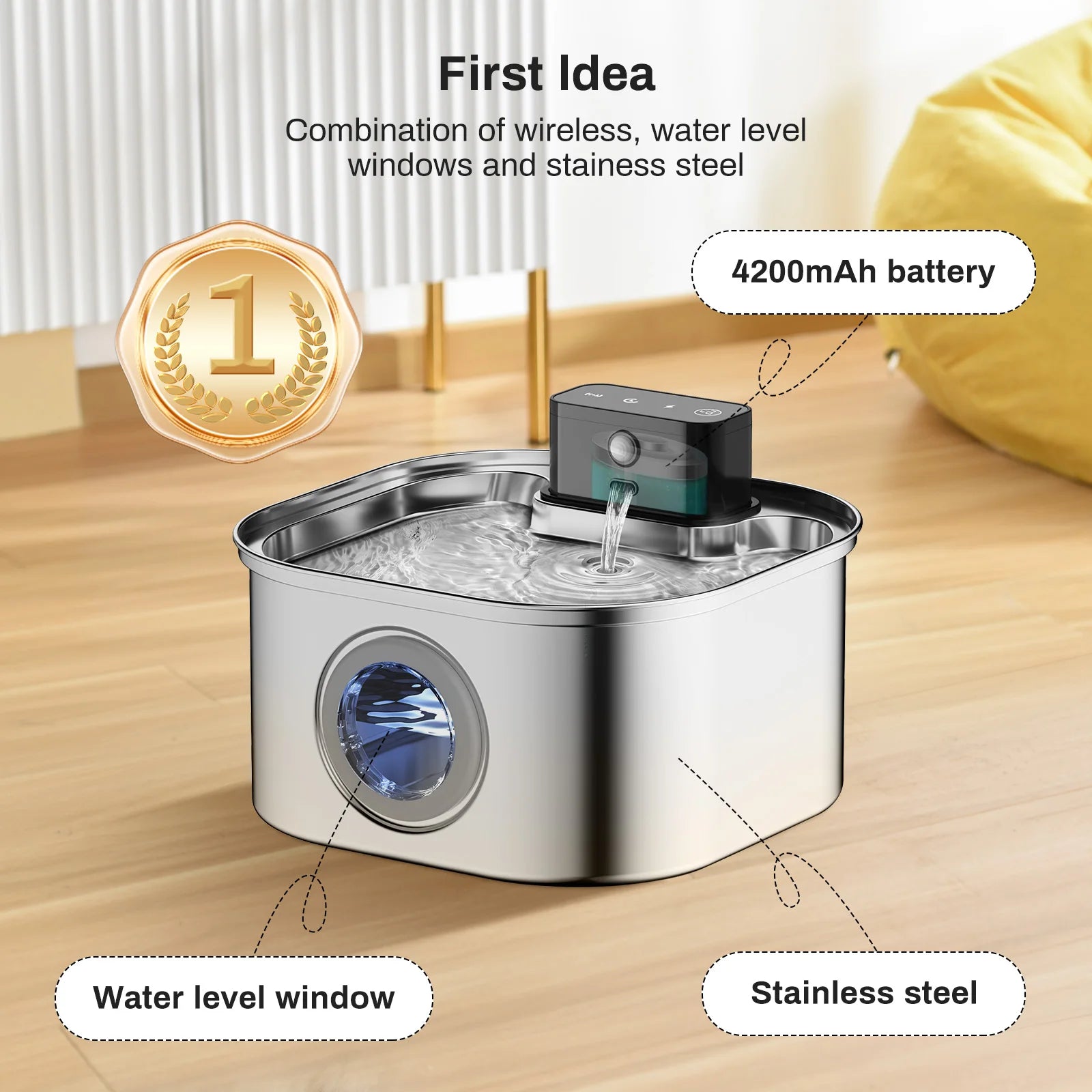 Fonte de Água Automática em Aço Inoxidável para Gatos de 3,2L, Bebedouro Sem Fio para Pets com Bateria de 4000mAh e Sensor, Dispensador 2 em 1