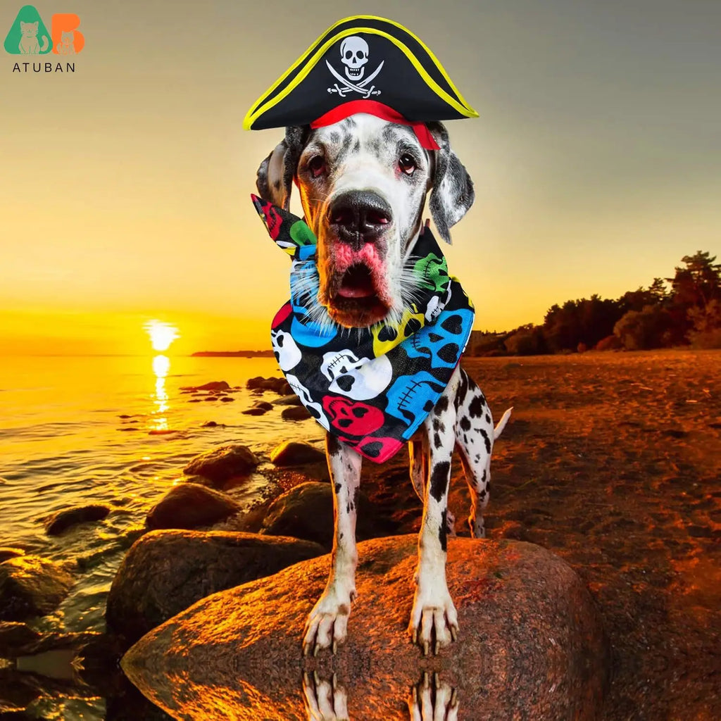 Atuban crânio impressão animal de estimação chapéu pirata com crânio pirata bandana cão gato capitão boné halloween pirata cosplay traje festa de halloween