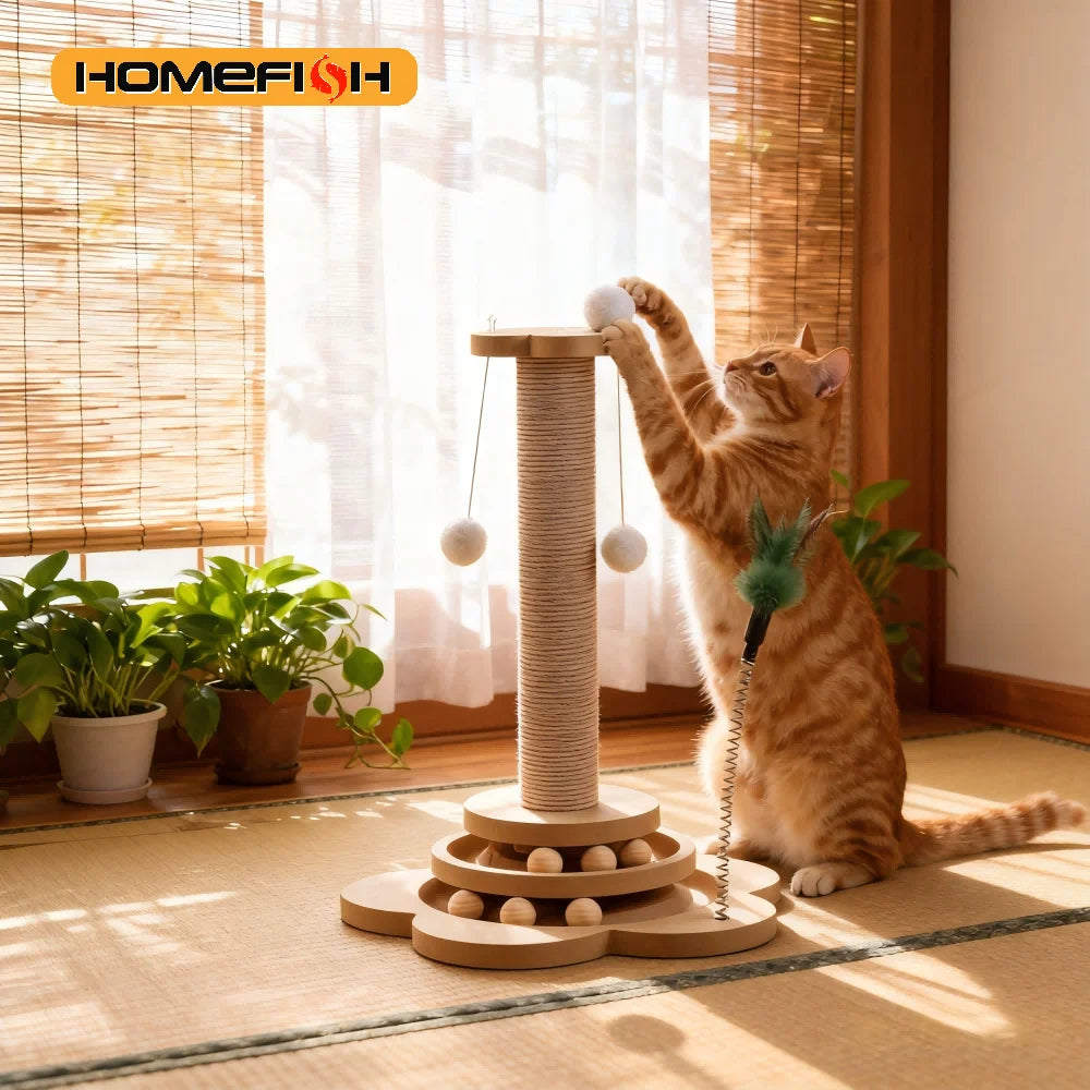Brinquedo para Gatos em Madeira Maciça com Plataforma Giratória, Varinha Divertida, Bolas, Arranhador de Sisal Durável, Suprimentos para Gatos e Coluna de Arranhar