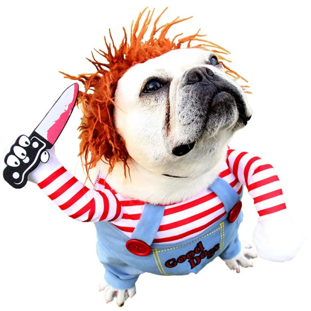 Moda novidade chucky mortal cão de estimação traje assustador adereços engraçado animal de estimação halloween cosplay acessórios de vestuário vestido com capuz