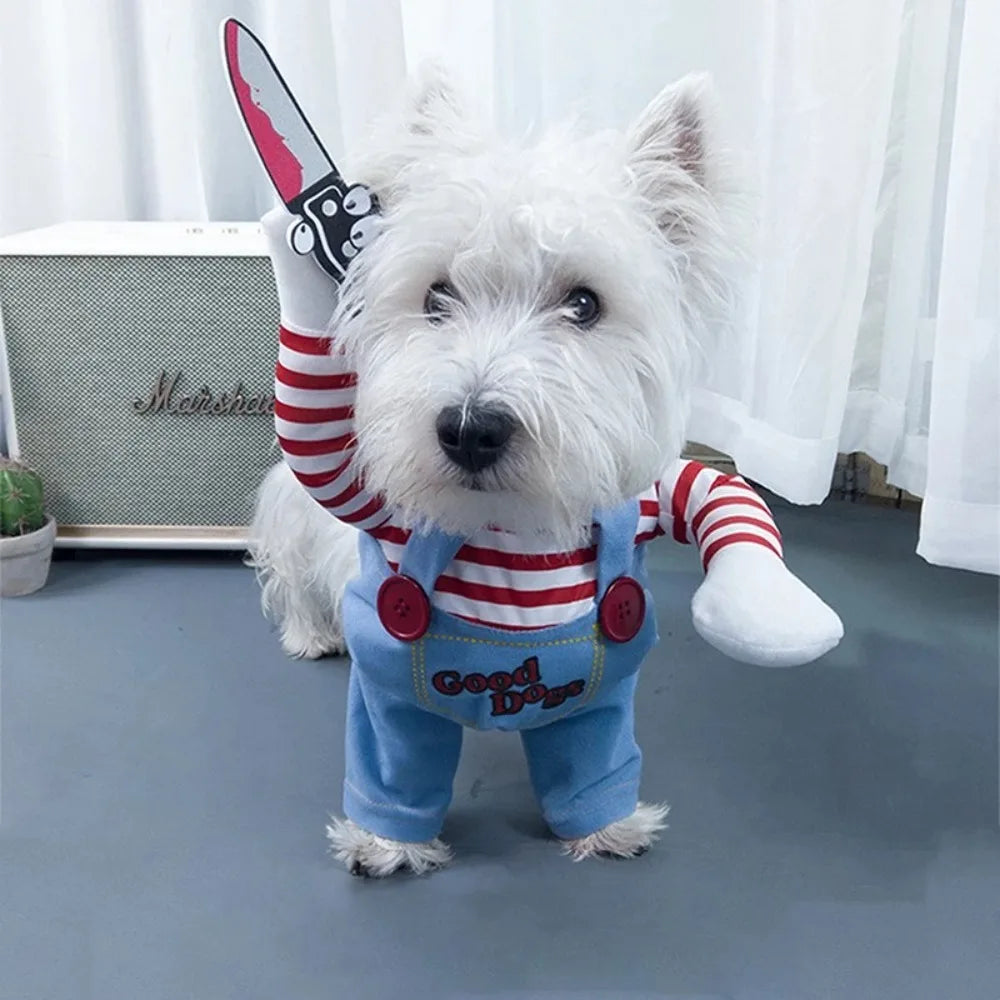 Moda novidade chucky mortal cão de estimação traje assustador adereços engraçado animal de estimação halloween cosplay acessórios de vestuário vestido com capuz