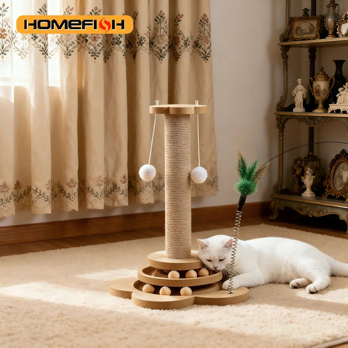 Brinquedo para Gatos em Madeira Maciça com Plataforma Giratória, Varinha Divertida, Bolas, Arranhador de Sisal Durável, Suprimentos para Gatos e Coluna de Arranhar