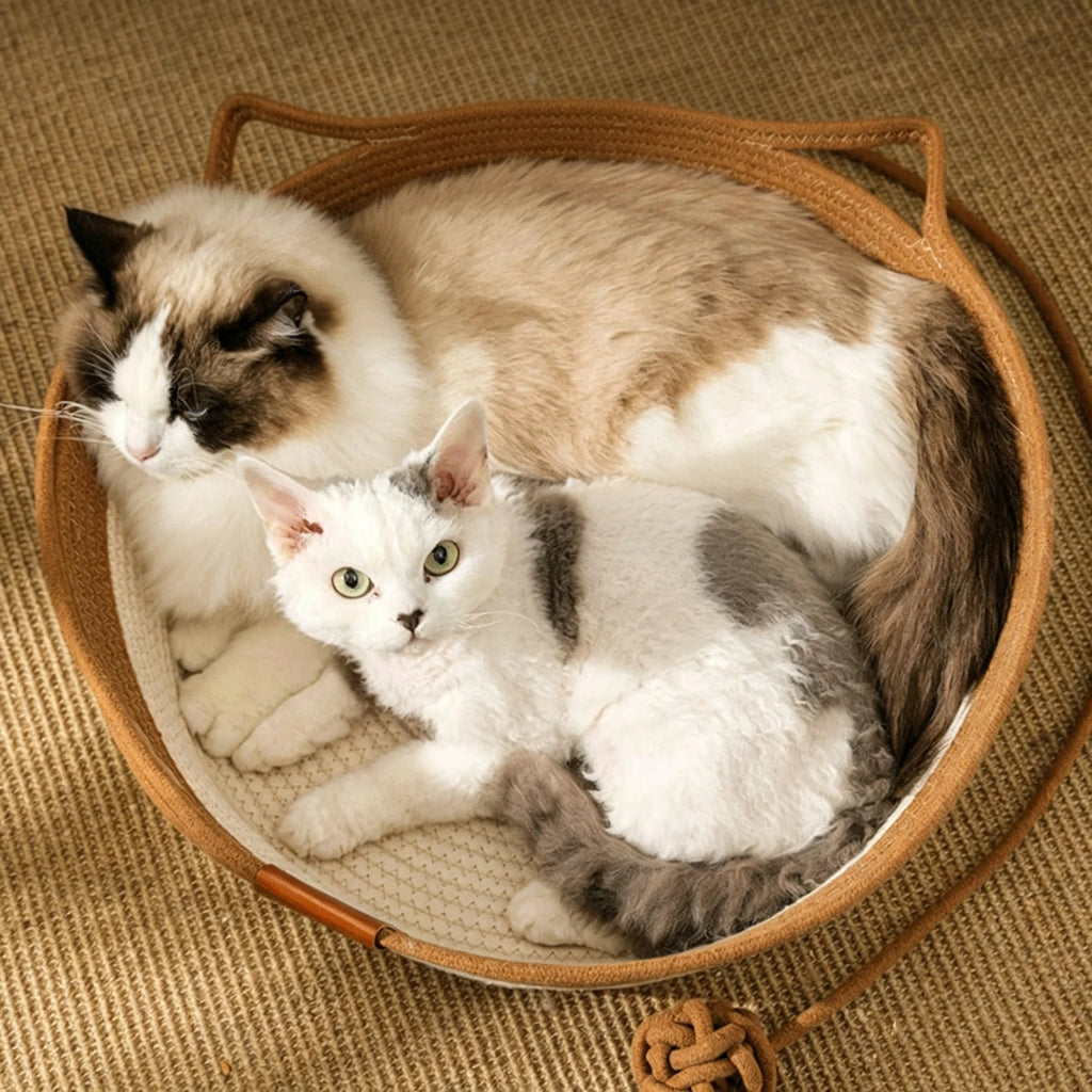 Stimulicat Cama para Gatos com Rabo de Brinquedo e Design de Orelha de Gato, Cama de Enriquecimento em Corda de Algodão Feita à Mão para Filhotes, Coelhos e Pequenos Pets