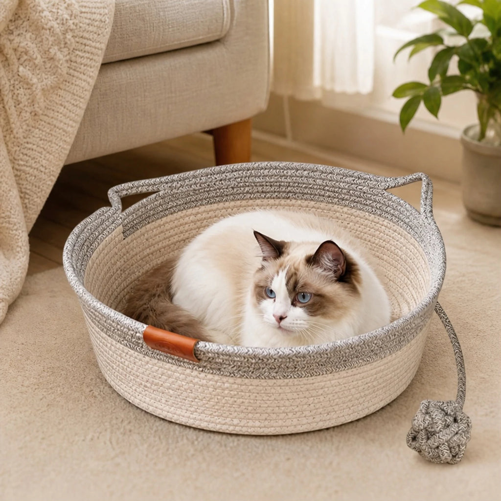 Stimulicat Cama para Gatos com Rabo de Brinquedo e Design de Orelha de Gato, Cama de Enriquecimento em Corda de Algodão Feita à Mão para Filhotes, Coelhos e Pequenos Pets