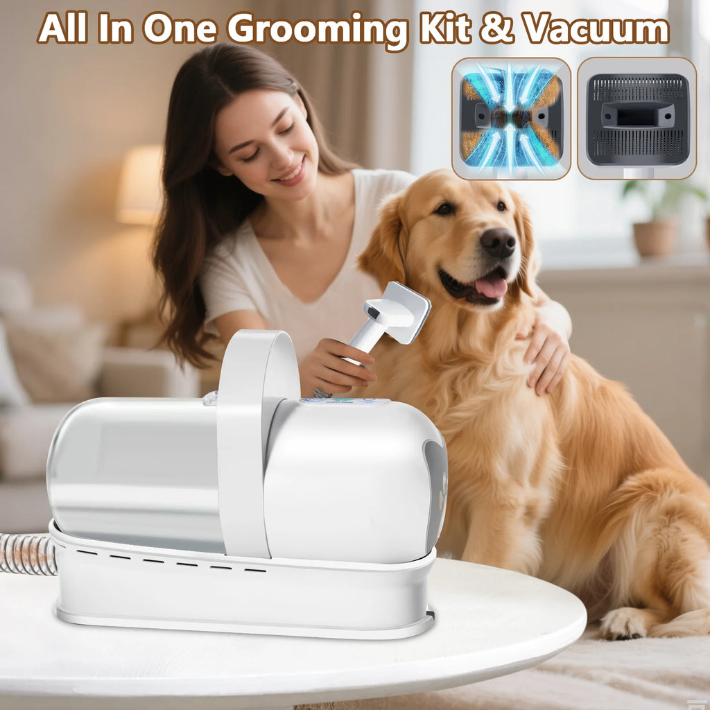 Aspirador de Pêlos para Animais 7 em 1 de 400W, Secador de Pêlos para Cães, Conjunto de Higiene com Copo Coletor de Pêlos e Ferramenta de Remoção de Pêlos