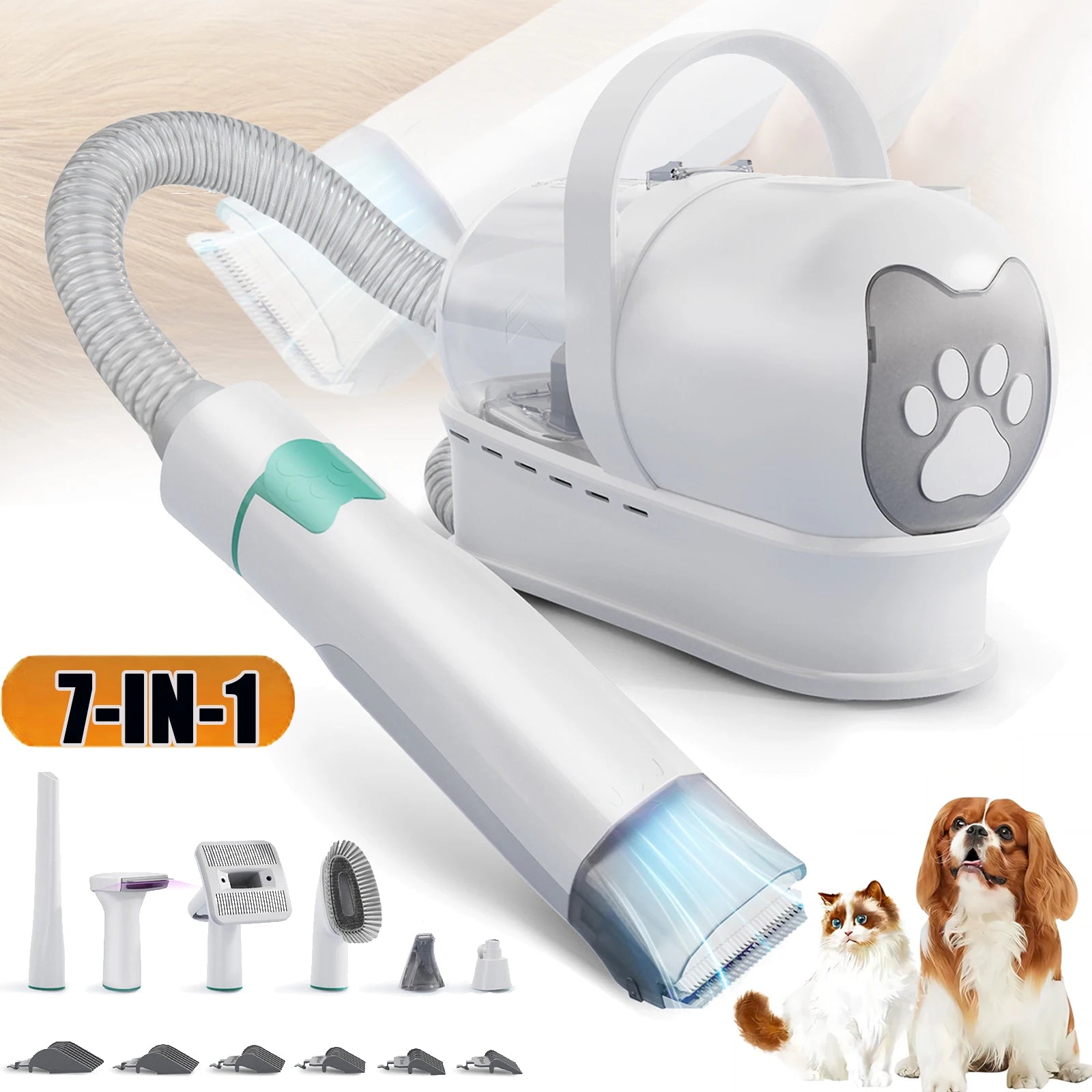 Aspirador de Pêlos para Animais 7 em 1 de 400W, Secador de Pêlos para Cães, Conjunto de Higiene com Copo Coletor de Pêlos e Ferramenta de Remoção de Pêlos
