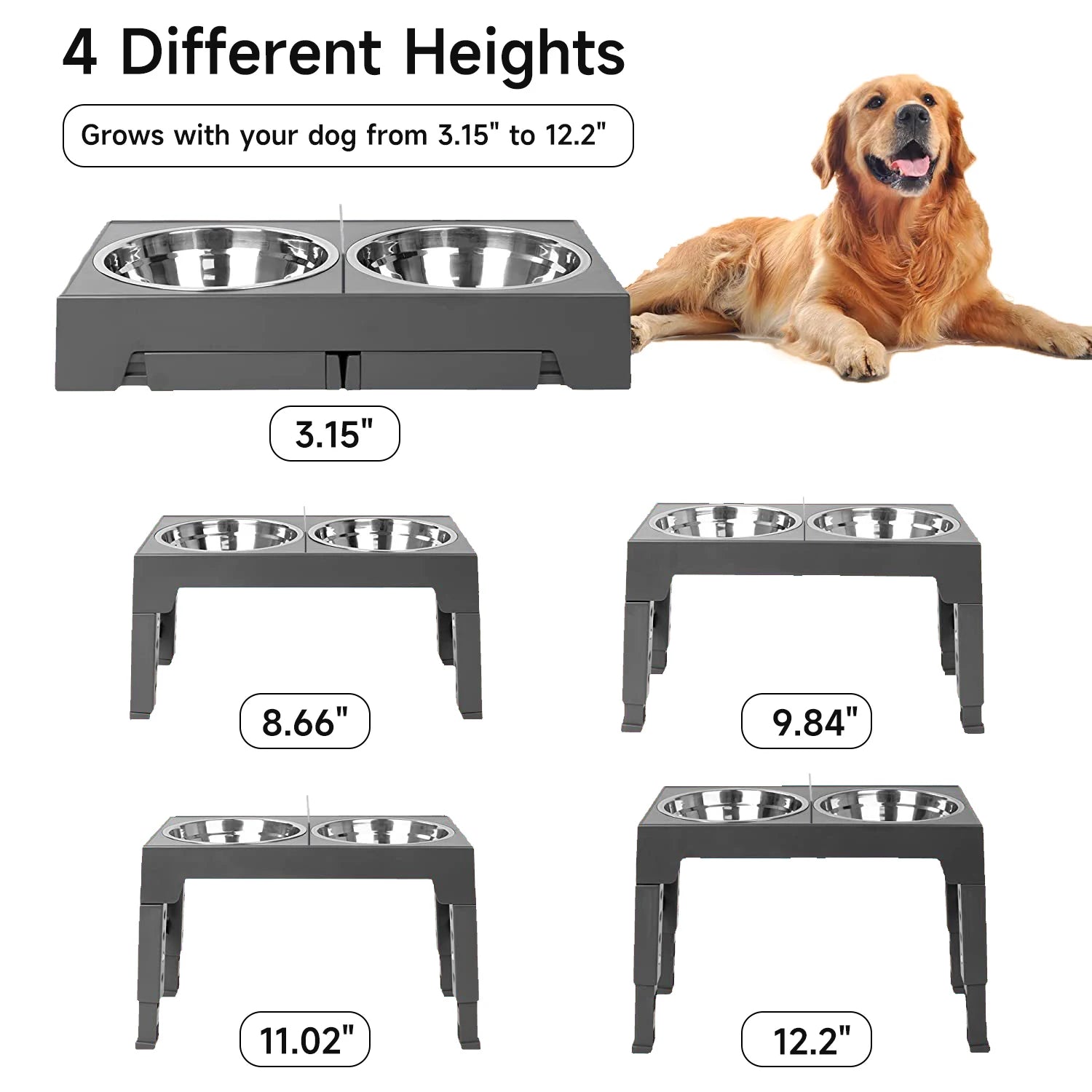 Comedouros Elevados Ajustáveis para Cães, Dobráveis, com Tigelas de Aço Inoxidável para Cães Pequenos, Médios e Grandes, Reduzindo a Pressão no Pescoço