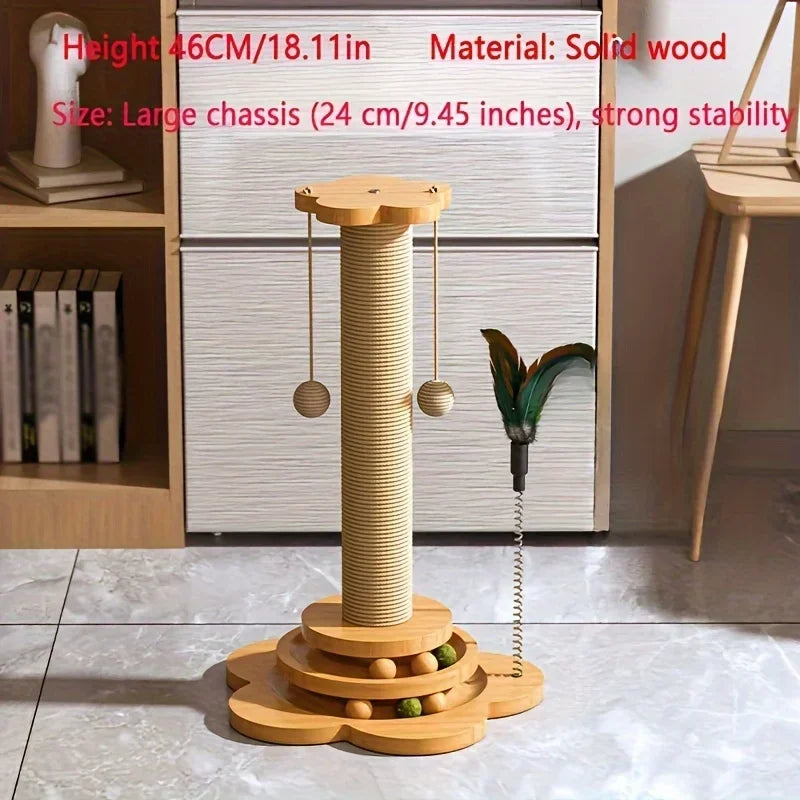 Arranhador para Gatos em Madeira Maciça com Plataforma Giratória, Varinha de Brinquedo, Tábua de Arranhar e Brinquedos Duráveis para Gatos