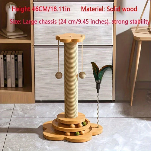 Arranhador para Gatos em Madeira Maciça com Plataforma Giratória, Varinha de Brinquedo, Tábua de Arranhar e Brinquedos Duráveis para Gatos