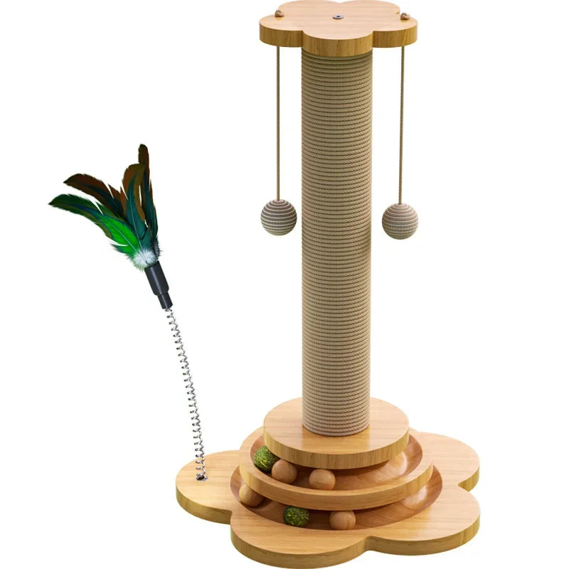 Arranhador para Gatos em Madeira Maciça com Plataforma Giratória, Varinha de Brinquedo, Tábua de Arranhar e Brinquedos Duráveis para Gatos