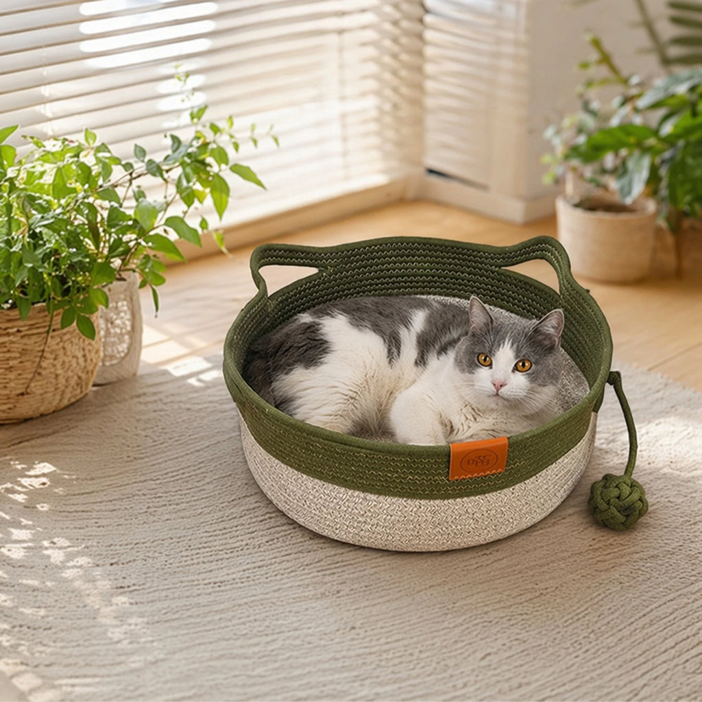 Stimulicat Cama para Gatos com Rabo de Brinquedo e Design de Orelha de Gato, Cama de Enriquecimento em Corda de Algodão Feita à Mão para Filhotes, Coelhos e Pequenos Pets