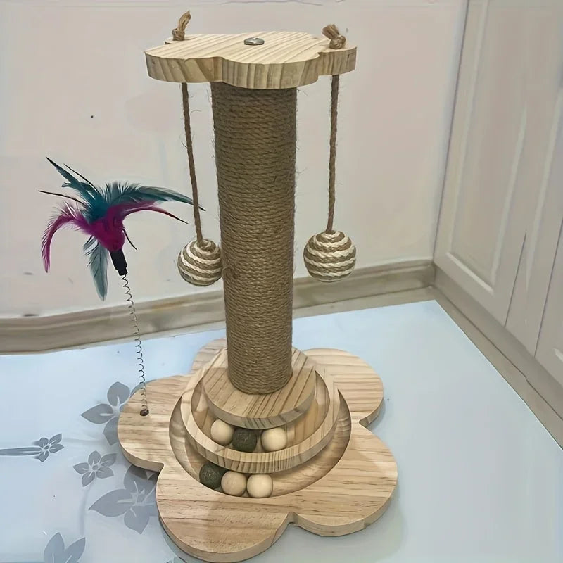 Arranhador para Gatos em Madeira Maciça com Plataforma Giratória, Varinha de Brinquedo, Tábua de Arranhar e Brinquedos Duráveis para Gatos
