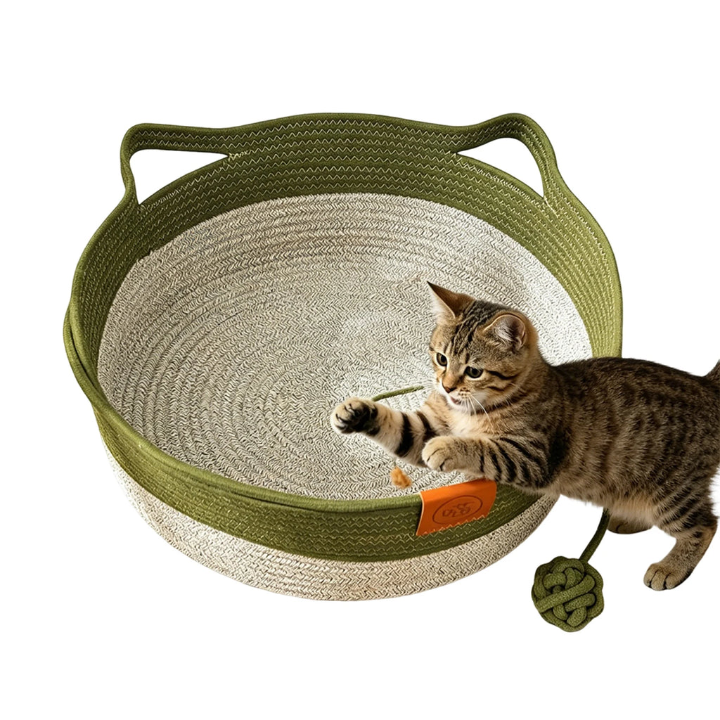 Stimulicat Cama para Gatos com Rabo de Brinquedo e Design de Orelha de Gato, Cama de Enriquecimento em Corda de Algodão Feita à Mão para Filhotes, Coelhos e Pequenos Pets