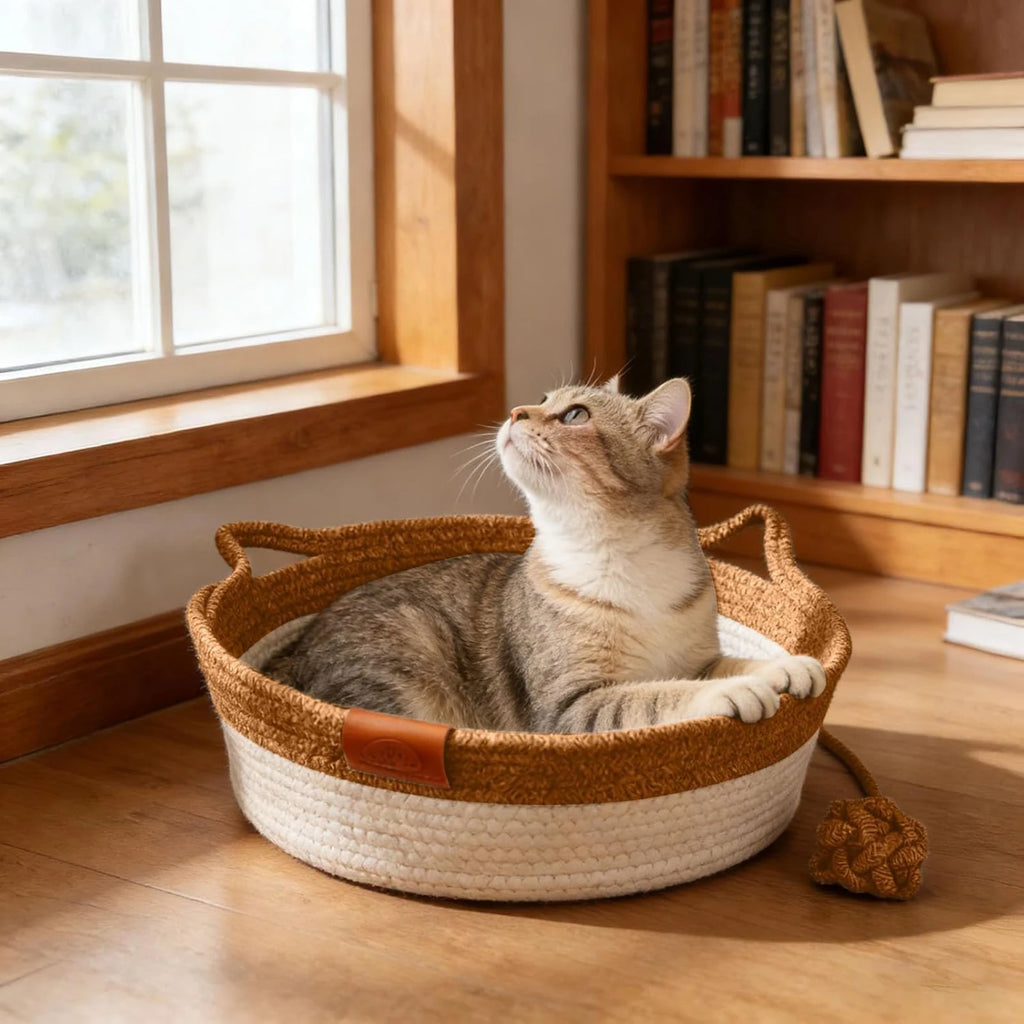 Stimulicat Cama para Gatos com Rabo de Brinquedo e Design de Orelha de Gato, Cama de Enriquecimento em Corda de Algodão Feita à Mão para Filhotes, Coelhos e Pequenos Pets