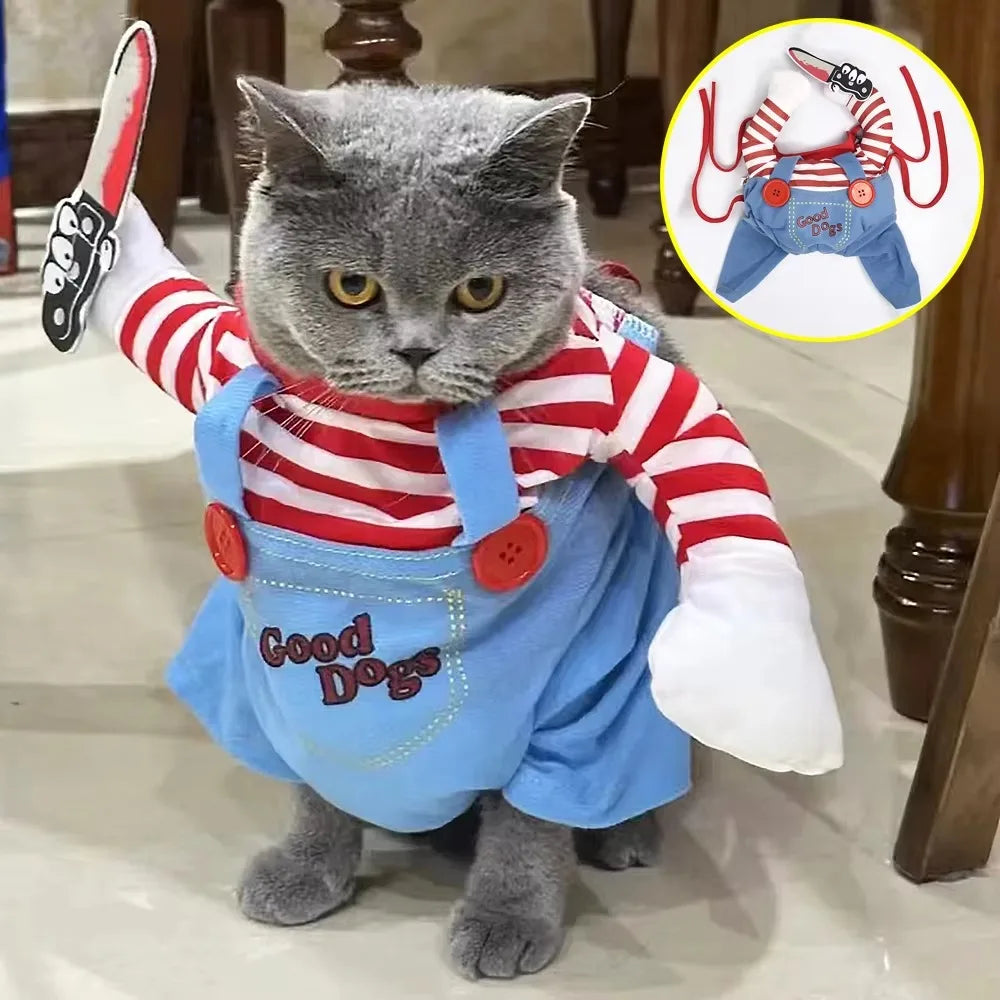 Moda novidade chucky mortal cão de estimação traje assustador adereços engraçado animal de estimação halloween cosplay acessórios de vestuário vestido com capuz