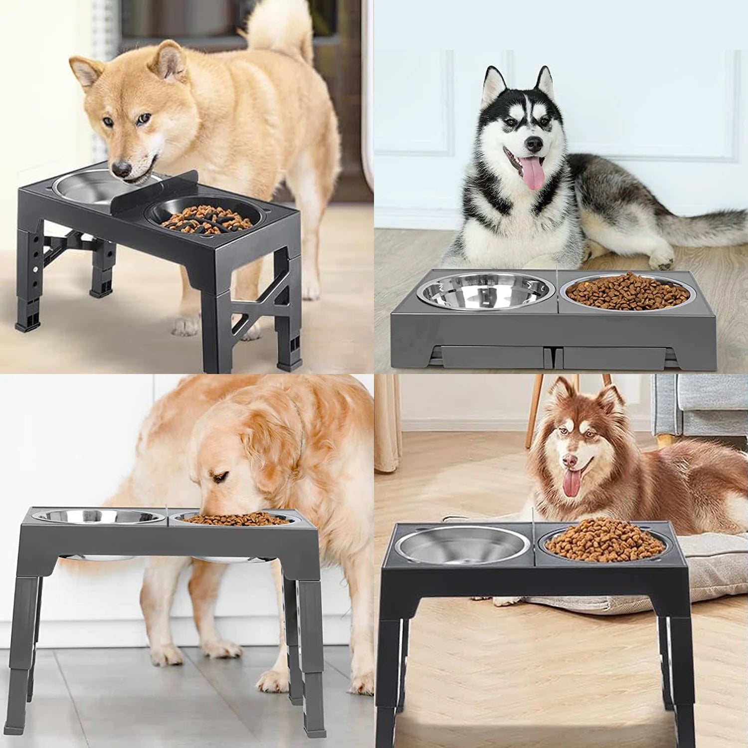 Comedouros Elevados Ajustáveis para Cães, Dobráveis, com Tigelas de Aço Inoxidável para Cães Pequenos, Médios e Grandes, Reduzindo a Pressão no Pescoço