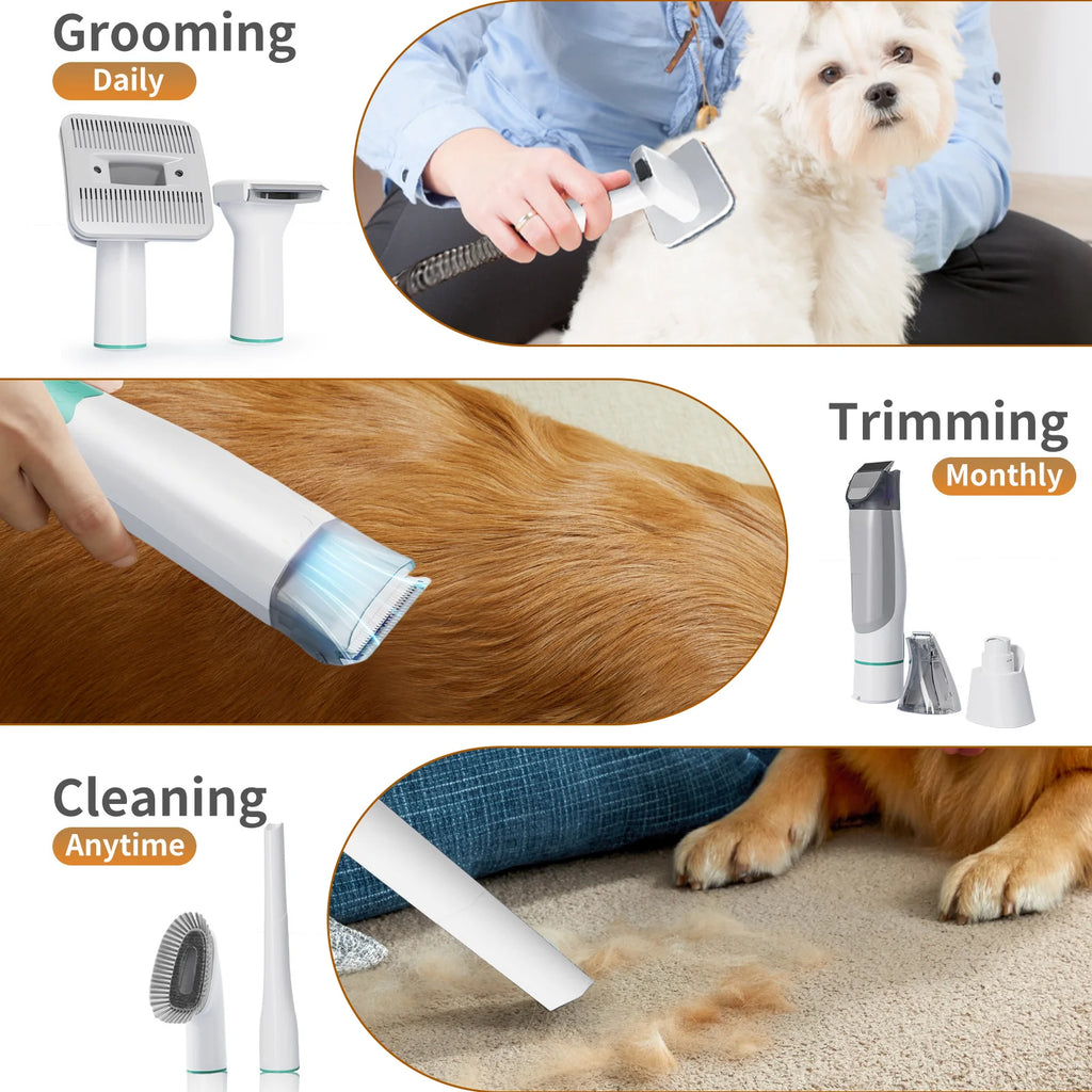 Aspirador de Pêlos para Animais 7 em 1 de 400W, Secador de Pêlos para Cães, Conjunto de Higiene com Copo Coletor de Pêlos e Ferramenta de Remoção de Pêlos